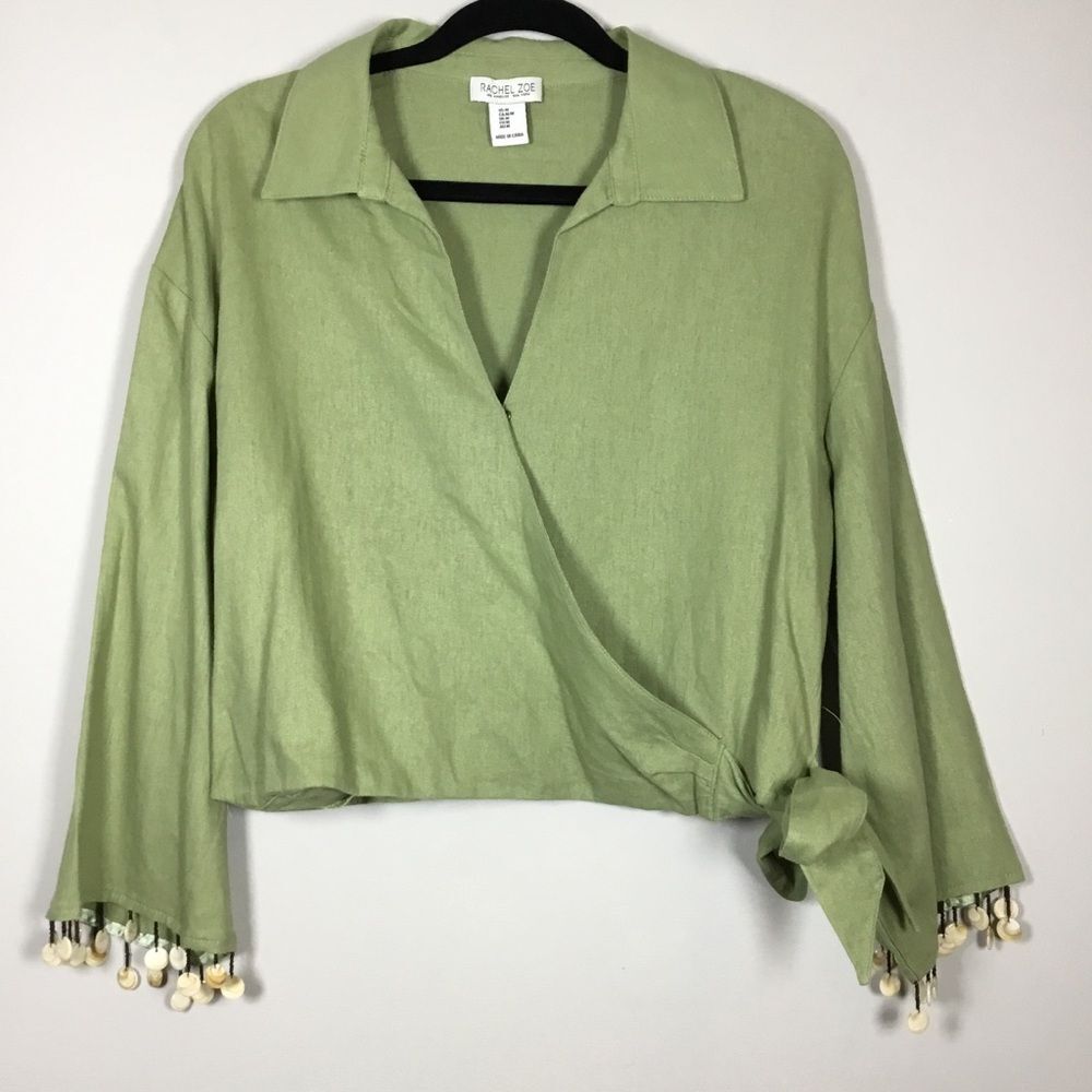 Light mossy green linen blend wrap top beaded cuffs size M beach resort cruise